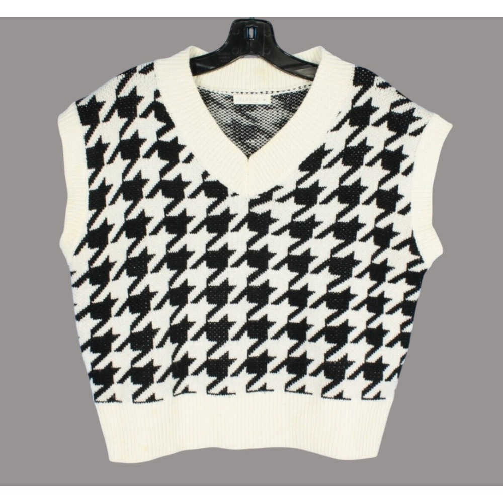 ILLA ILLA Black & Off-White HOUNDSTOOTH Sleeveless V-NECK Knit Sweater Vest Sz M